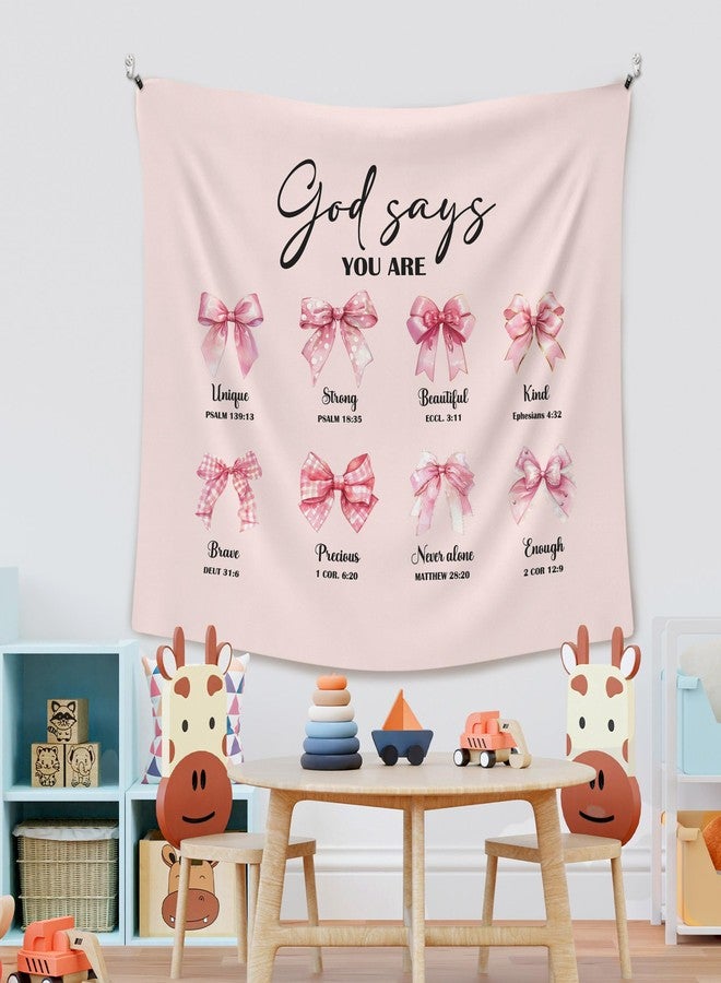 XLDLIOO Pink Coquette Bow Christian Wall Tapestry, Scricpture God says You Are Unique Strong Wall Tapestry Hanging for Girly Room Bedroom, Preppy Tapestries Wall Decor Art for Teen Girls Dorm 60x50in - Image 5